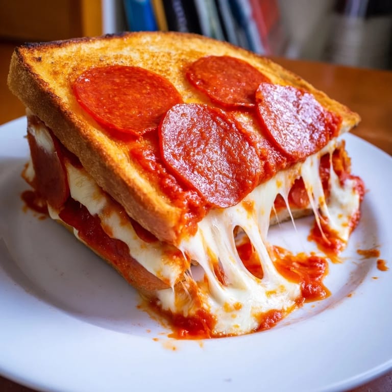 Perfectly toasted pizza grilled cheese, with warm marinara, making for easy and cheesy comfort food.