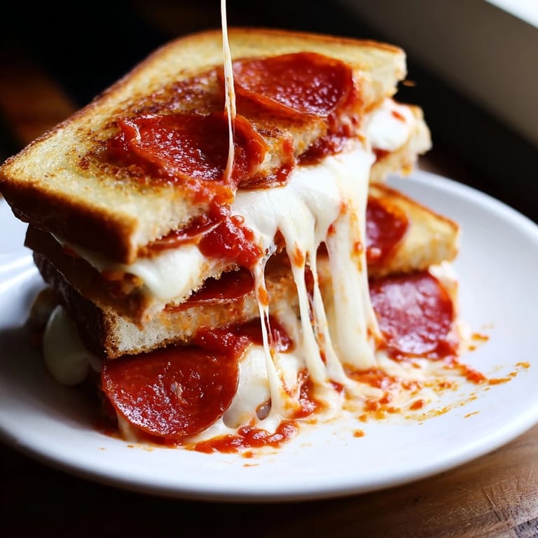 A close-up shot of the delicious pizza grilled cheese sandwich, with bubbly cheese and crispy edges.