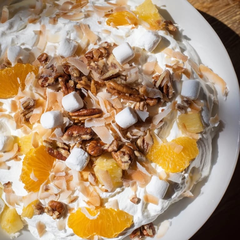 A refreshing bowl of Elevated Ambrosia Salad, featuring a mix of fruits, toasted nuts, and fluffy marshmallows.
