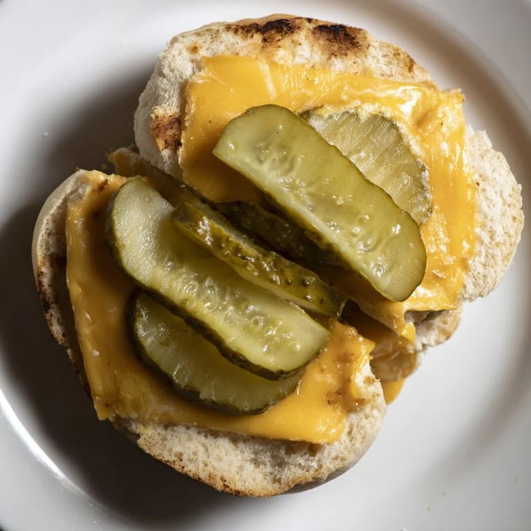 Close-up of a warm Pickle Bread Sandwich, featuring crispy cheese buns and layered pickles.