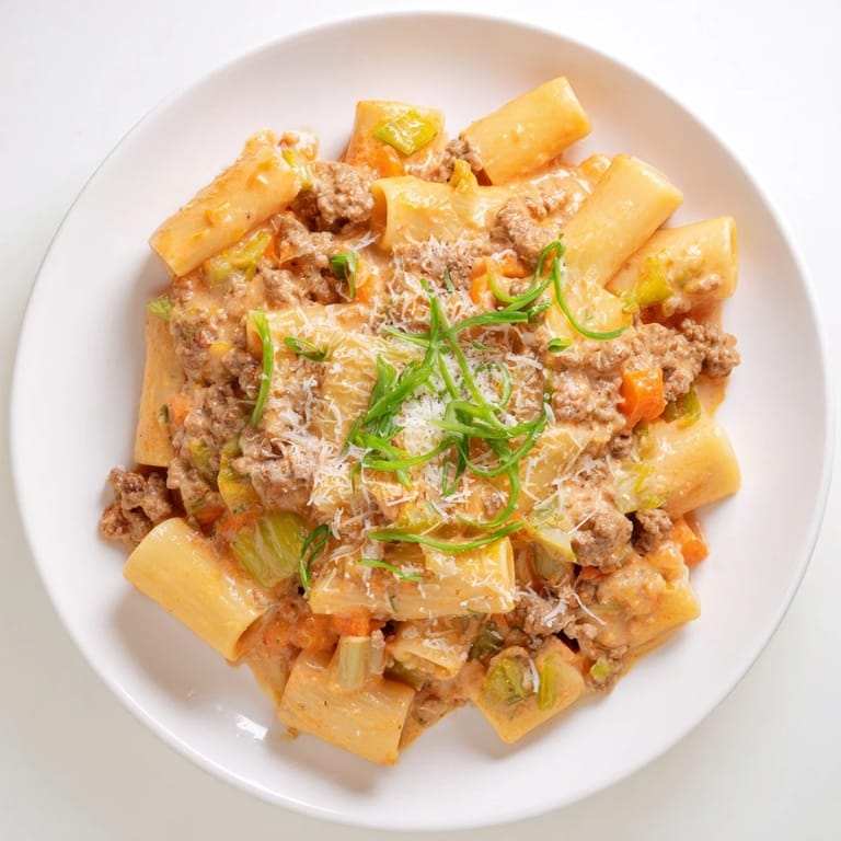 Bright red kimchi complements the creamy pasta in this enticing Chaos Cooking Kimchi Ragu Pasta dish, ready to eat.