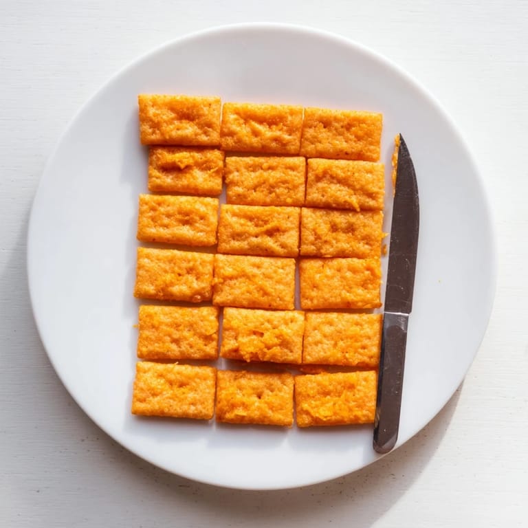 Close-up of a hand holding a Crispy Cheeto Cheese Cracker, revealing its cheesy interior and bold, powdery orange seasoning.