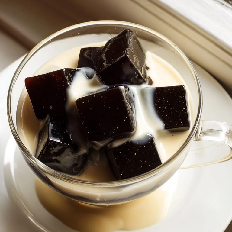 Chilled coffee jelly cubes arranged neatly with a spoon, ready to be enjoyed as a light and refreshing vegetarian dessert treat.