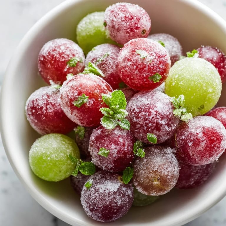 A bowl of Frozen Grapes Spa Treat with chilled, juicy red and green grapes.