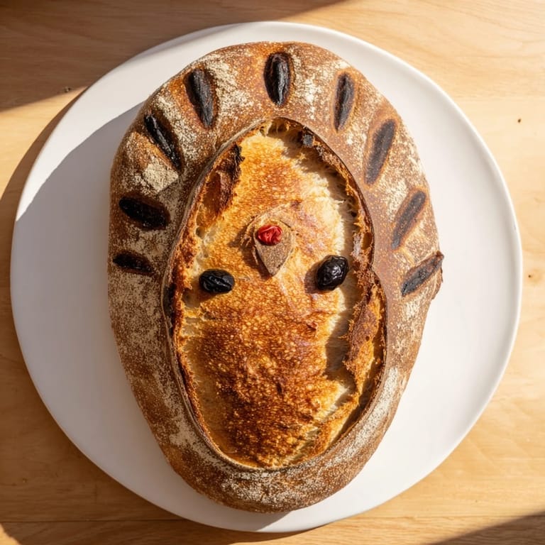 Close-up side angle of the festive turkey sourdough loaf, highlighting the artisan crust, peppercorn eyes, and a small red bell pepper wattle, presented on a wooden cutting board.  