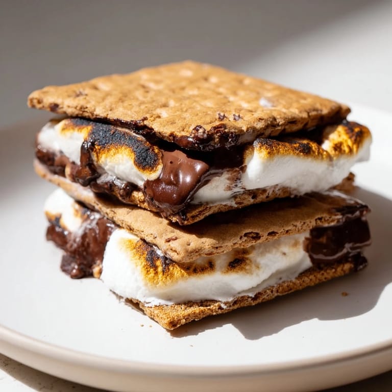 Freshly made Air Fryer S'mores stacked high, showcasing the melted chocolate and perfectly puffed marshmallow filling.