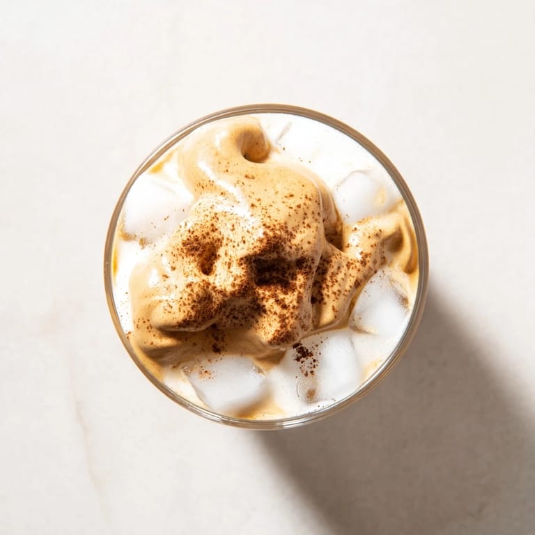 Stiff peaks of whipped Dalgona coffee spooned over milk, with a dusting of cocoa on top.