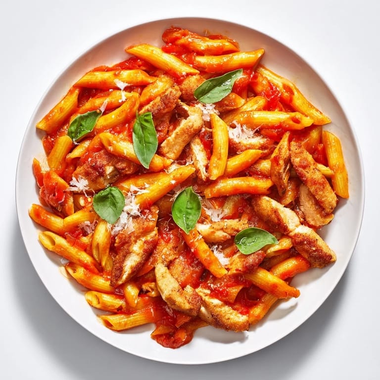 An overhead view of Spicy Tomato Chicken Pasta on a rustic plate, steam rising from the rich, zesty sauce.