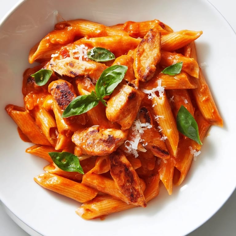 A skillet of Spicy Tomato Chicken Pasta ready to serve, garnished with fresh basil and a sprinkle of Parmesan cheese.  