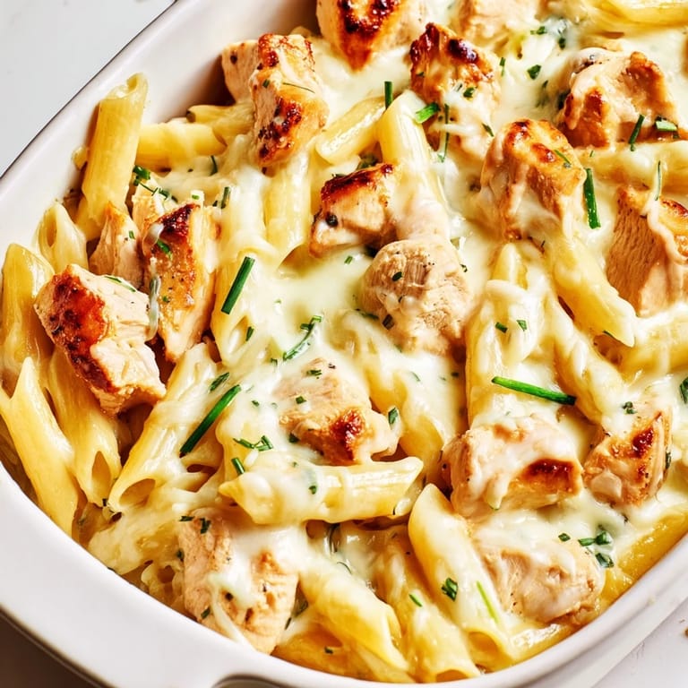 A freshly baked Chicken Ranch Pasta Bake rests on a wooden table, showcasing golden, melted cheese and hearty pieces of chicken mixed into creamy pasta.