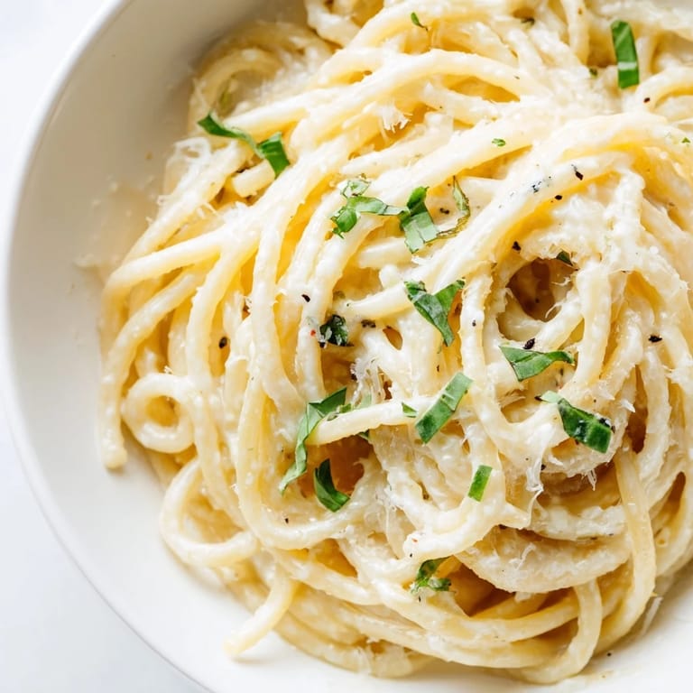 Tender spaghetti noodles tossed with a creamy lemon ricotta sauce, topped with grated Parmesan and black pepper for a simple Italian dinner.