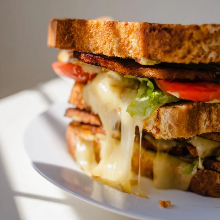 A close-up view of a Vegan Bacon BLT Grilled Cheese cut in half, revealing layers of plant-based ingredients on a rustic wooden cutting board.