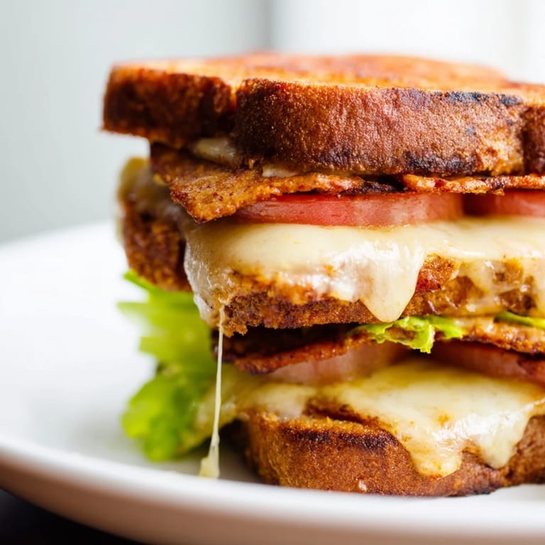 This Vegan Bacon BLT Grilled Cheese is perfectly toasted with bubbling vegan cheese, ready to serve alongside a bowl of creamy tomato soup.