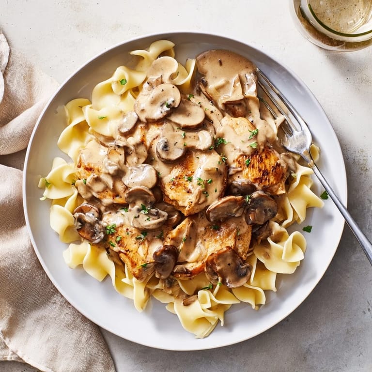 Comforting bowl of Chicken and Mushroom Stroganoff, with golden noodles and a creamy sauce, ready for a family dinner.