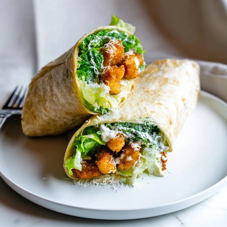 A freshly assembled Crispy Chicken Caesar Wrap on a rustic wooden table, featuring golden fried chicken, crisp romaine, shaved Parmesan, and creamy Caesar dressing.