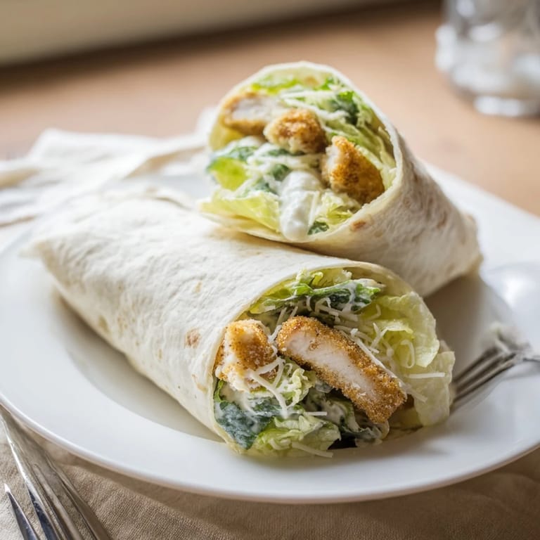 Close-up of a Crispy Chicken Caesar Wrap cut in half, revealing juicy fried chicken, crunchy lettuce, and rich dressing for a quick, satisfying lunch.