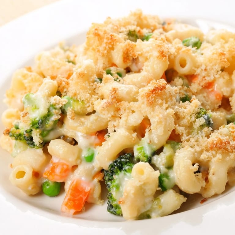 A spoonful of Garden Veg Mac and Cheese reveals tender vegetables and a velvety three-cheese sauce in a cozy serving.