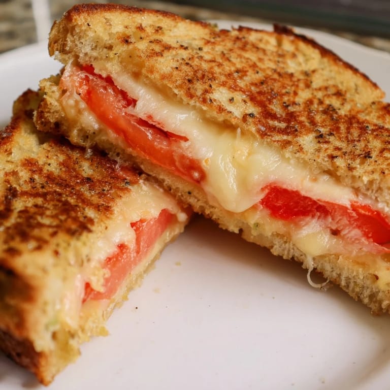 Two halves of a homemade Pepper Jack & Tomato Grilled Cheese served with a steaming bowl of creamy tomato soup.  