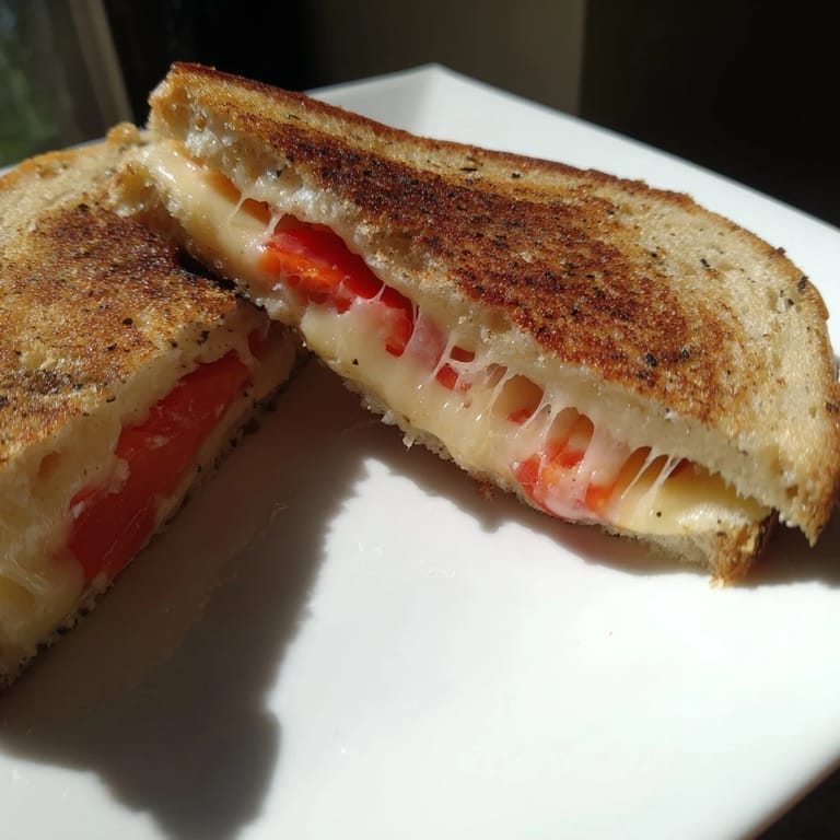 Close-up of Pepper Jack & Tomato Grilled Cheese, showing juicy tomato slices and spicy pepper jack melting on jalapeño bread.