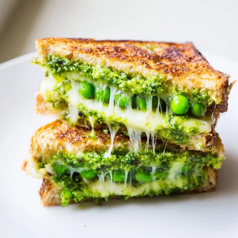 Freshly made spring pea pesto layered with creamy mozzarella between buttery, toasted sourdough, served warm with a side of greens.  