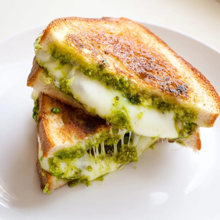 A vegetarian spring pea pesto grilled cheese, featuring golden, crispy bread and a gooey mozzarella center perfect for lunchtime.