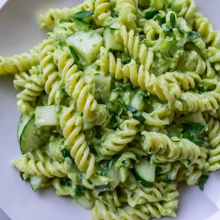 Close-up of Green Goddess Pasta Salad with vibrant spinach and herbs tossed in creamy dressing.