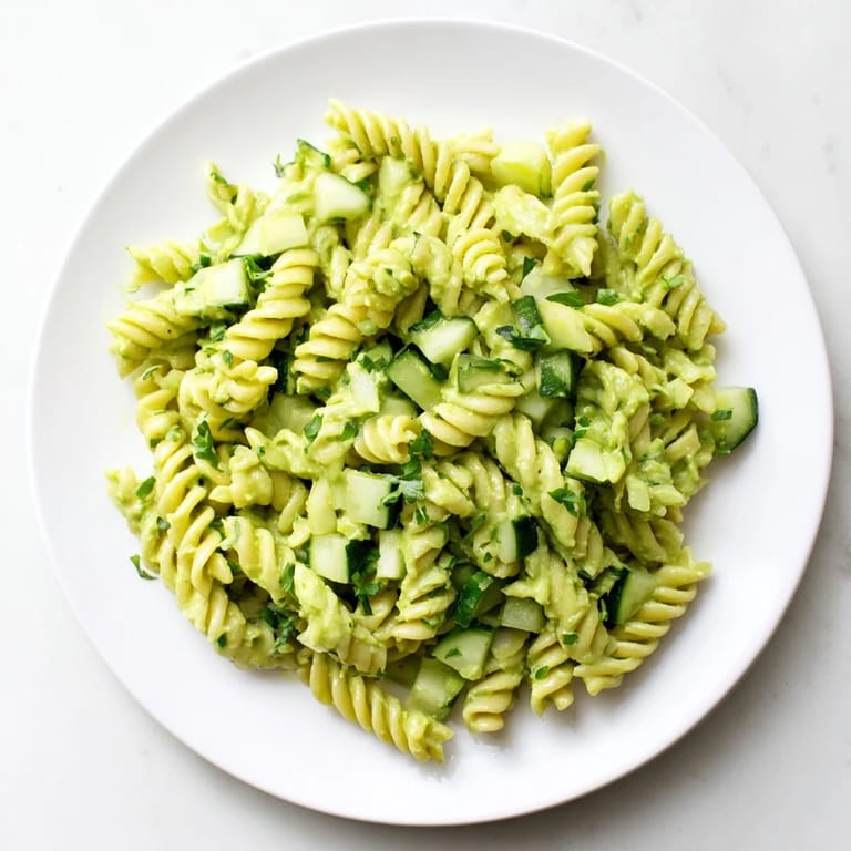Green Goddess Pasta Salad served on a rustic table with a lemon wedge and fresh herbs.
