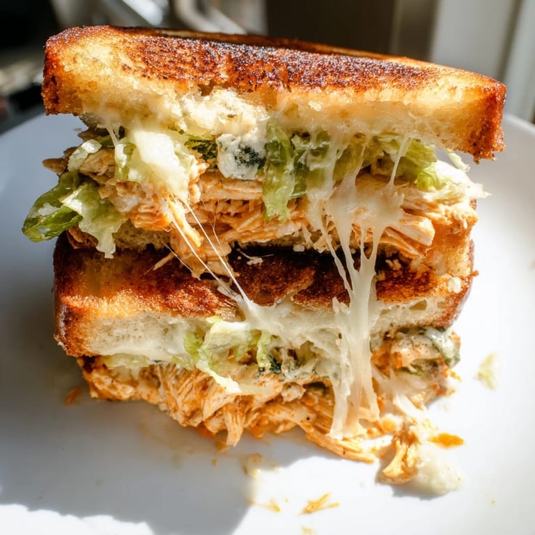 Perfectly grilled Buffalo Chicken Caesar Grilled Cheese, stacked high with lettuce and a side of extra sauce.