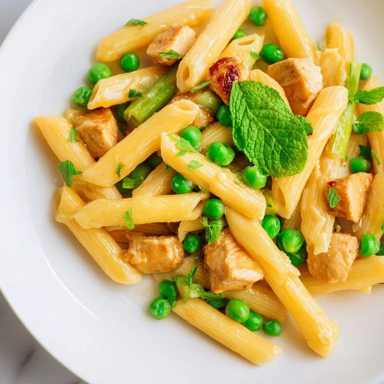Close-up of a steaming plate of Pea & Mint Chicken Pasta with vibrant mint leaves and lemon zest garnish.