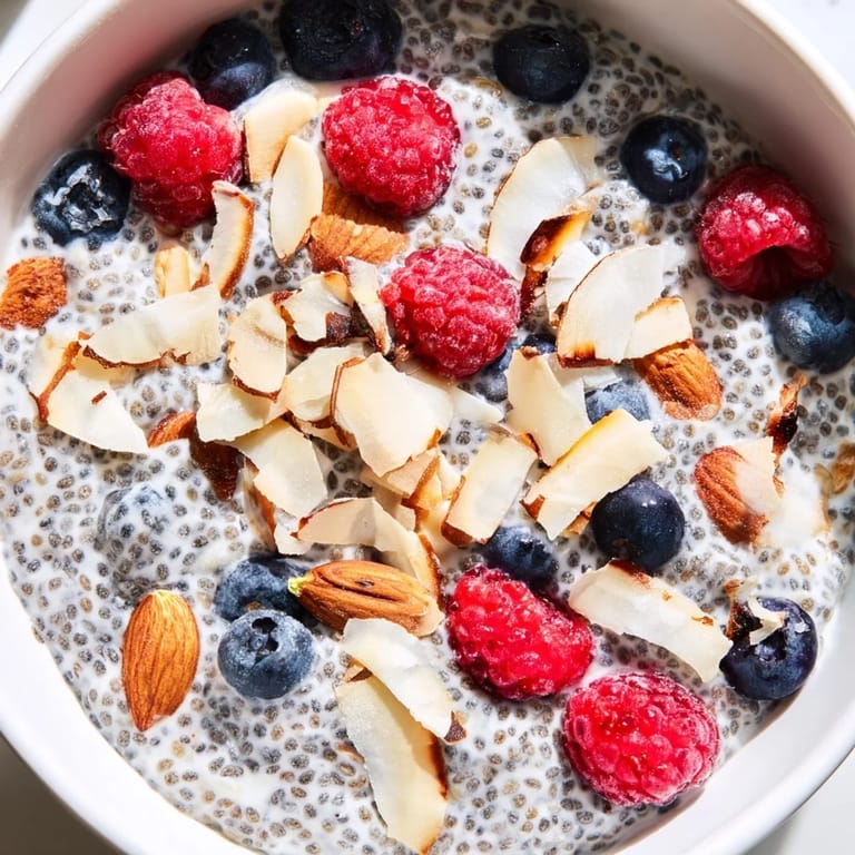 A close-up of chilled Poppy Seed Chia Pudding, showcasing its smooth texture with raspberries and shredded coconut garnish.