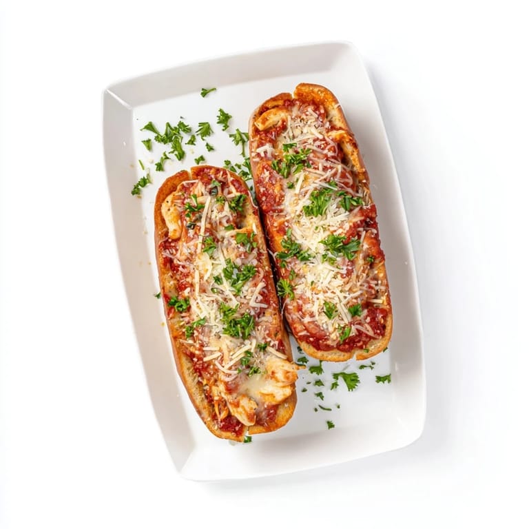 Freshly baked Chicken Parm Stuffed Garlic Bread bubbling with cheese, perfect for a hearty Italian-American appetizer.