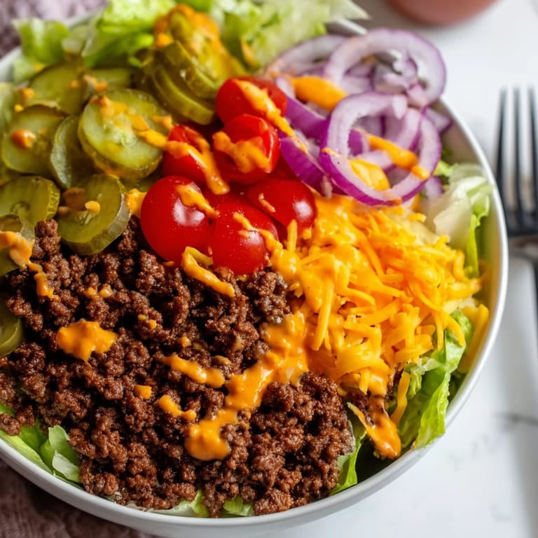 The finished Easy Big Mac in a Bowl shows a colorful deconstructed burger meal ready to serve, highlighting savory beef, fresh vegetables, and melty cheese.