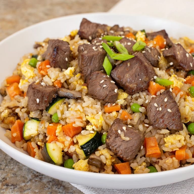 A close-up of golden fried rice topped with tender steak pieces, scattered green onions, and sesame seeds, ready for a quick weeknight dinner.  