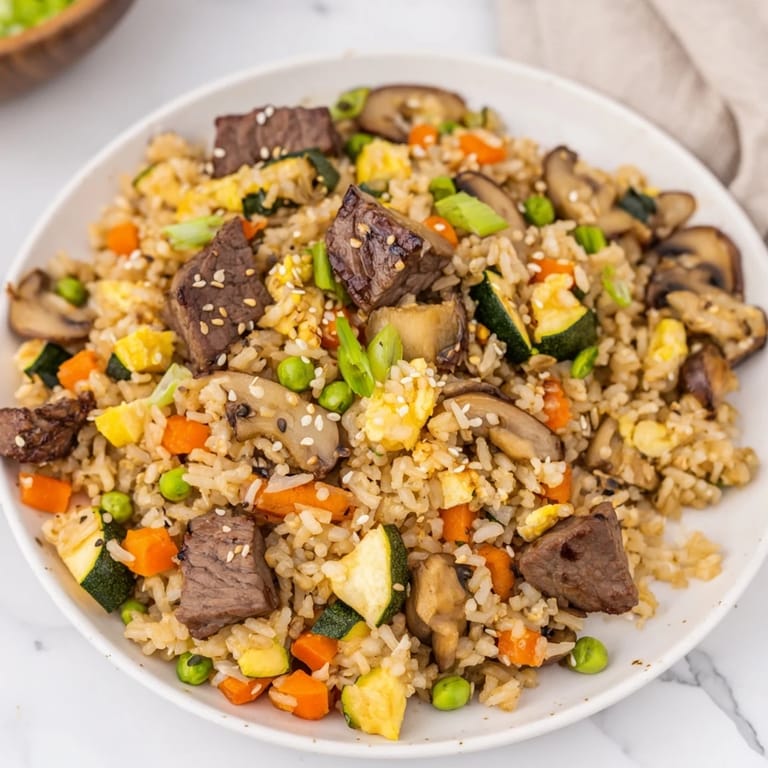 Steaming platter of Japanese-inspired Easy Hibachi Steak With Fried Rice featuring colorful carrots, peas, and zucchini, served as a hearty one-pan meal.