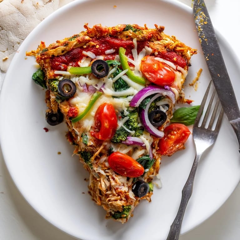 Close-up of our healthy Broccoli Chicken Crust Pizza featuring fresh vegetable layers.