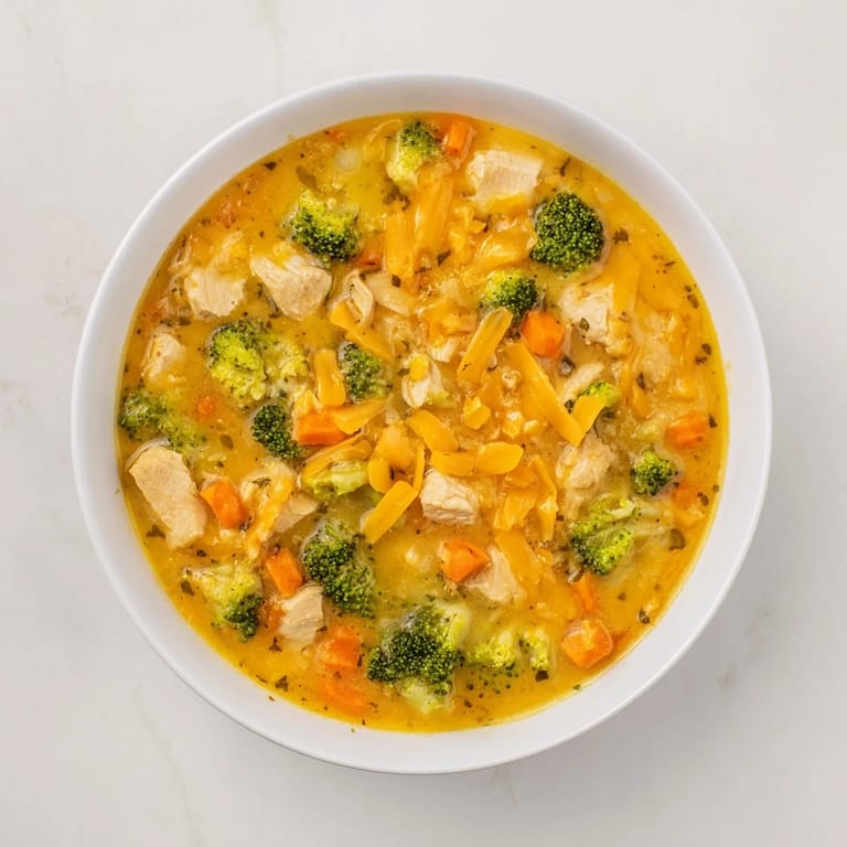Comforting Chicken Broccoli Cheddar Soup in a white bowl, garnished with fresh herbs and black pepper.