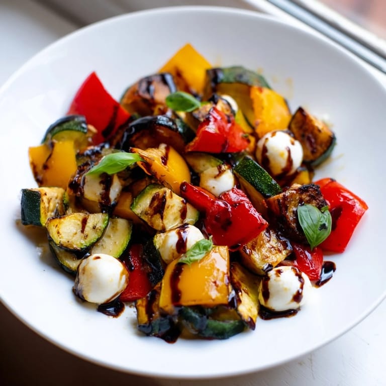 Sliced zucchini, red onion wedges, and cherry tomatoes mixed with mozzarella pearls in Roasted Veggie Caprese Salad garnished with torn basil leaves.