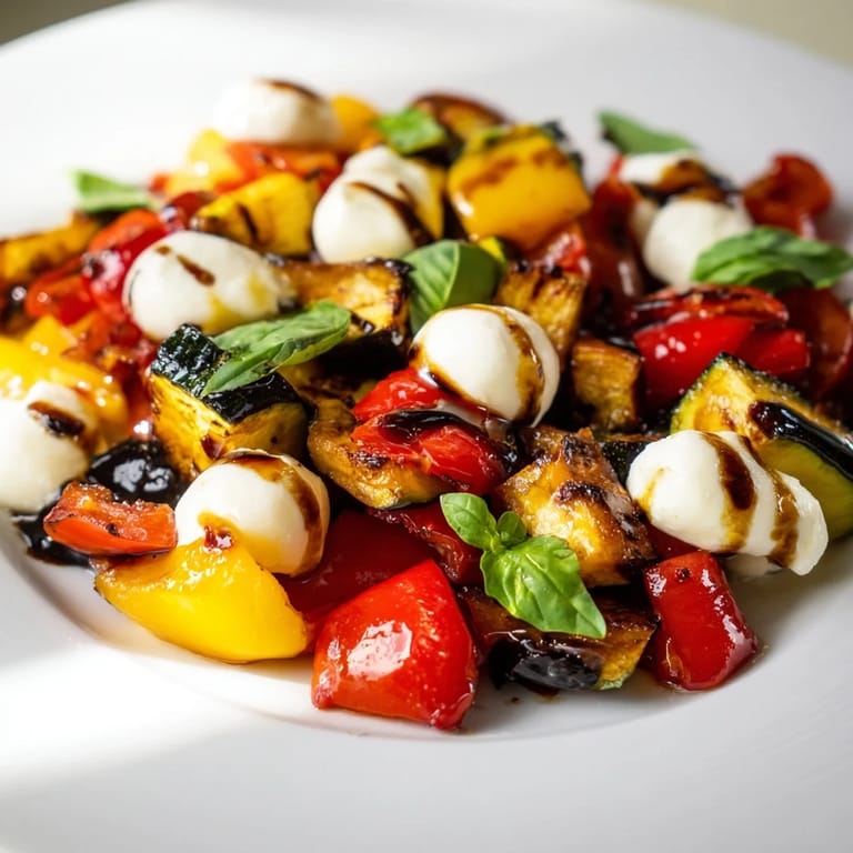 A close-up of Roasted Veggie Caprese Salad shows juicy roasted tomatoes, creamy mozzarella pearls, and glistening balsamic glaze on a rustic wooden table.