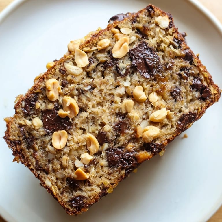 Ripe bananas and creamy peanut butter create a tender loaf, with Chocolate Chip Peanut Butter Oatmeal Banana Bread cooling on a wire rack.
