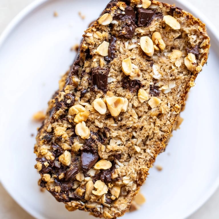 A close-up view shows a moist slice of Chocolate Chip Peanut Butter Oatmeal Banana Bread, topped with a drizzle of melted peanut butter.