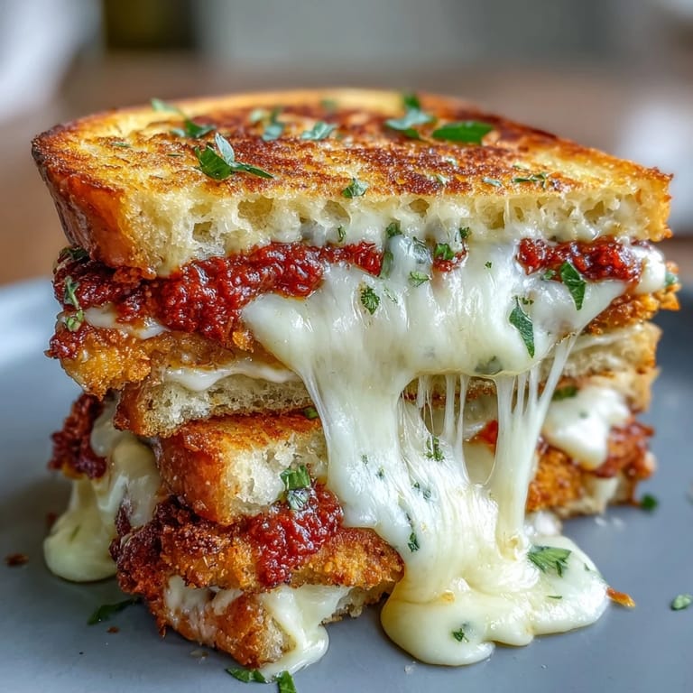 Close-up of a Chicken Parm Grilled Cheese with crunchy panko chicken, gooey mozzarella, and garlicky buttered bread.