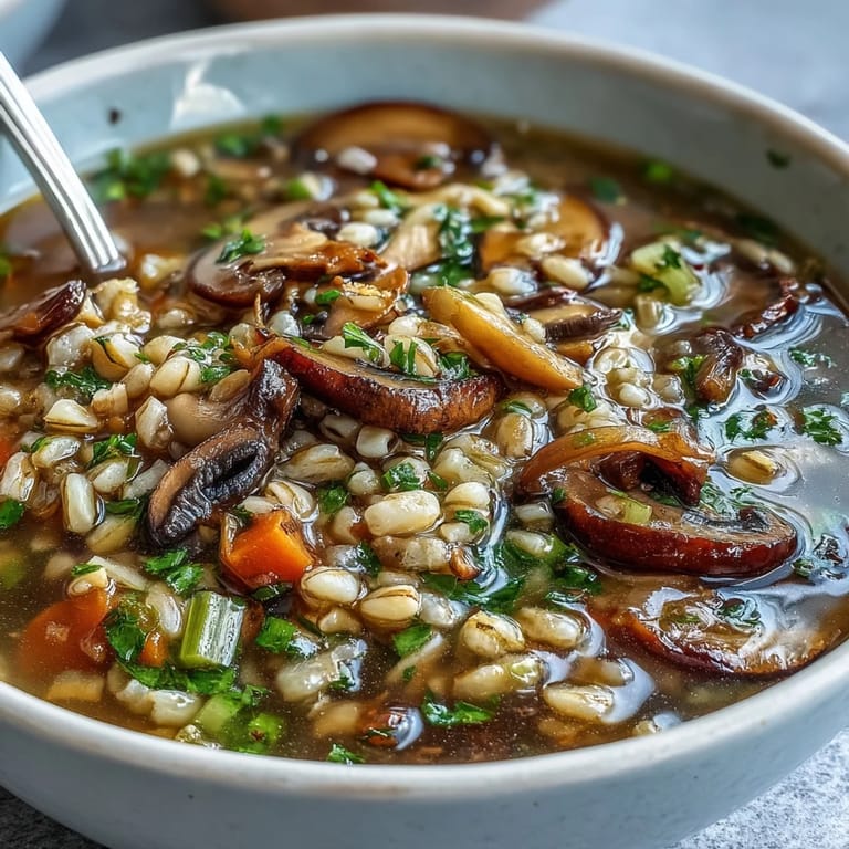 A steaming bowl of Mushroom Barley Soup features plump mushrooms and carrots in a dark broth.