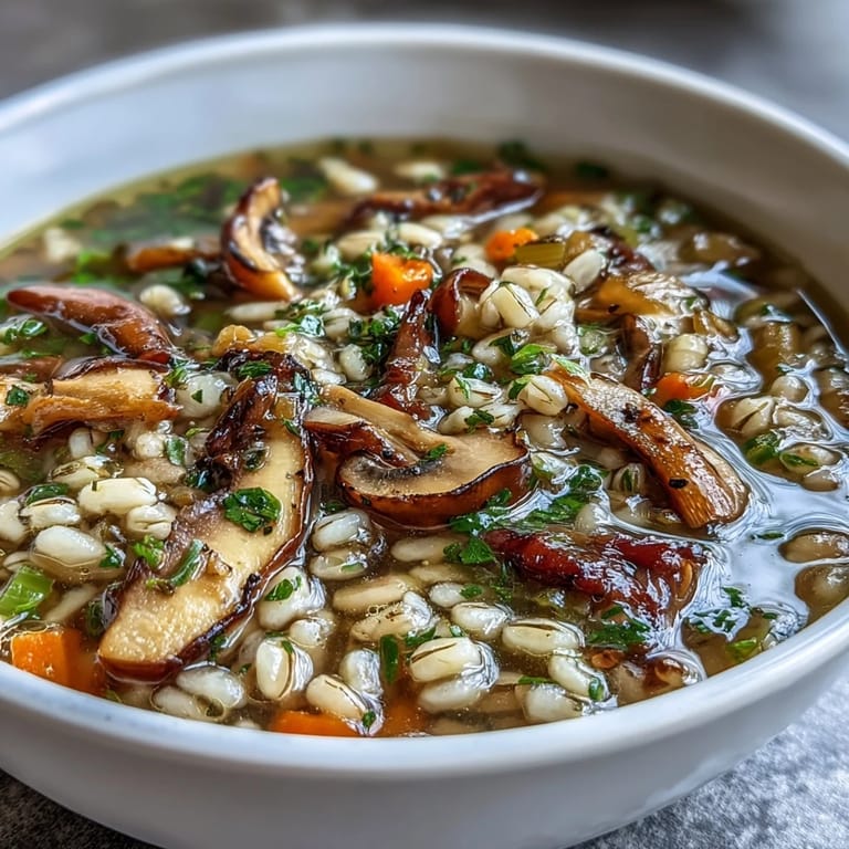 A cozy Mushroom Barley Soup served hot, reminiscent of classic American deli comfort food.
