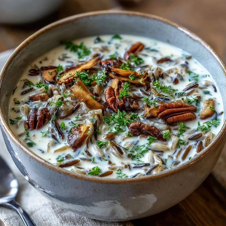 Serving of hearty Wild Rice Mushroom Soup topped with fresh herbs and a swirl of cream.