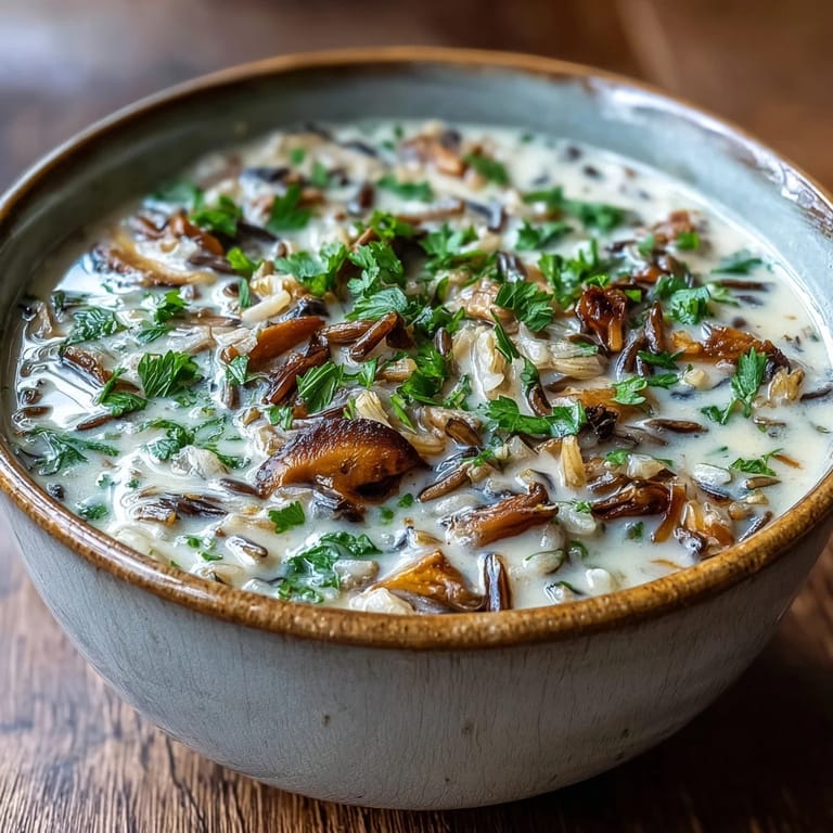 Rustic bowl of homemade Wild Rice Mushroom Soup with visible wild rice and tender mushroom slices.