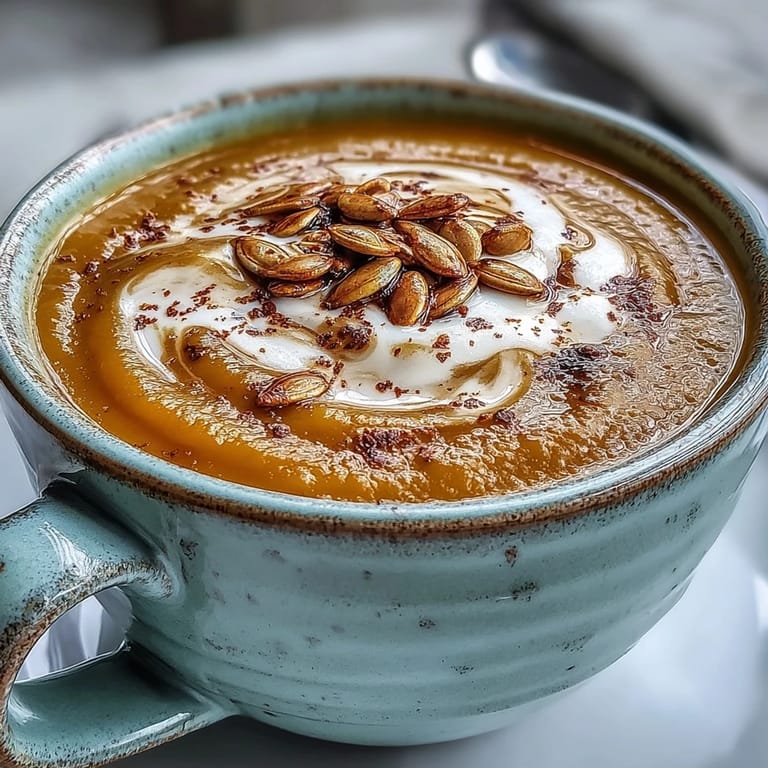 Warmly spiced Butternut Squash Soup is ladled into a rustic bowl, garnished with pumpkin seeds and fresh thyme.