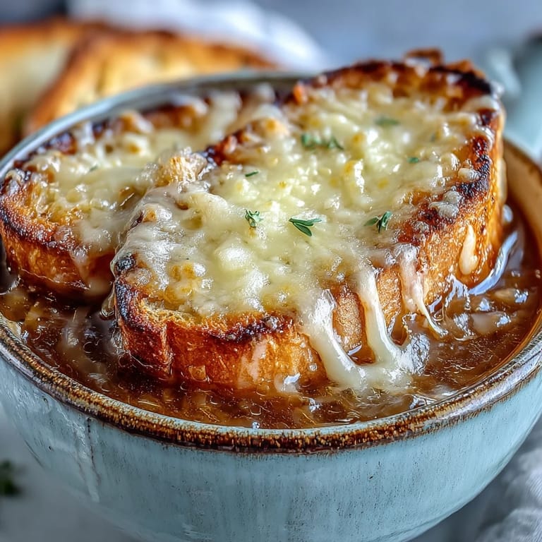 Melty, bubbly Gruyère cheese blankets a hearty slice of toasted bread in Classic French Onion Soup.