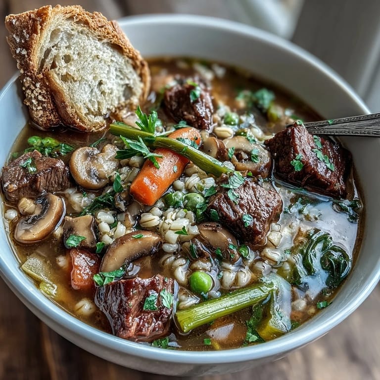 Close-up of a comforting Beef and Barley Soup garnished with fresh parsley and served alongside a slice of crusty bread.