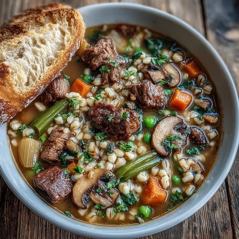 Hearty Beef and Barley Soup simmering in a pot with visible herbs, potatoes, and celery, ready to serve on a cozy night.