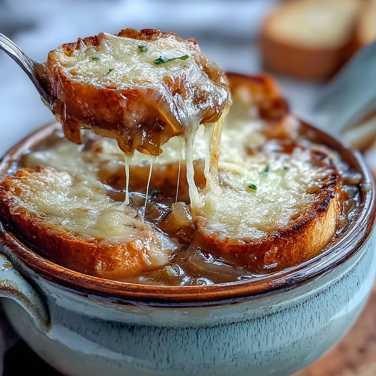 French Onion Soup served with a toasted baguette slice and thyme garnish.